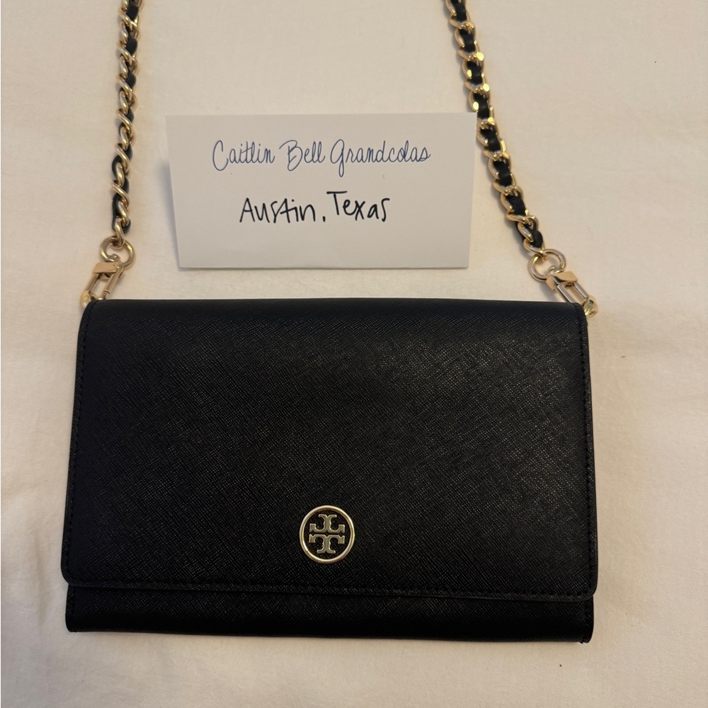 Tory Burch black wallet on a chain